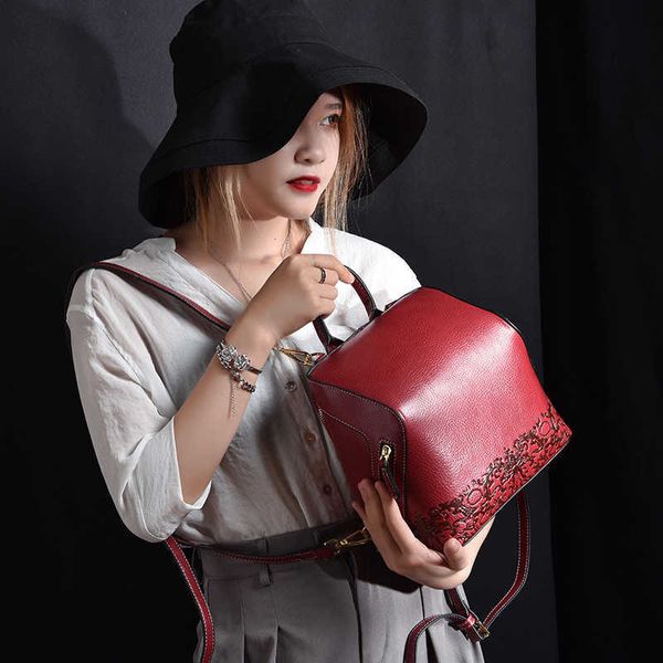 Bag Damen Rucksack 2024 Koreanisch Feste Farbe Promi gleiche Stil echtes Leder