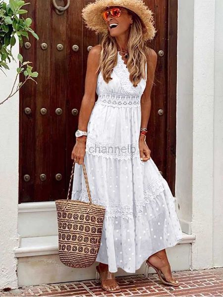 Vestidos casuais básicos Boho Lace Dress Women Whomen Beach Dress Long Summer Summer Casual Patchwork maxi vestido sem mangas v pescoço vestido de festa elegante 240419