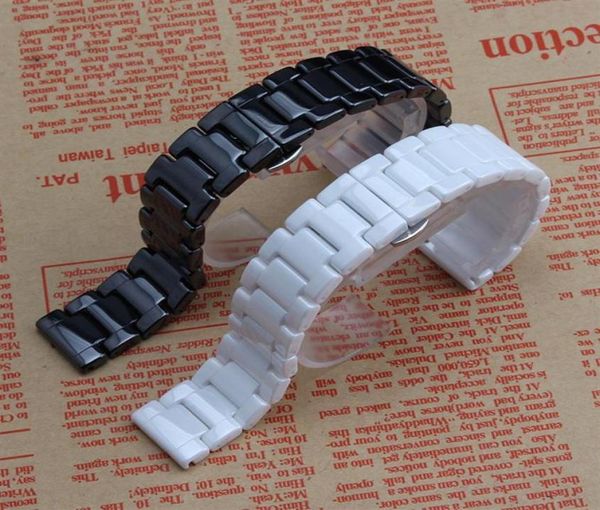 Novas bandas de vigia brancas de cerâmica preta 14mm 16mm 18mm 20mm 22mm brilhante Belso relógio Banda de pulseira de pulseira de borboleta