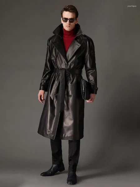 Trench de trincheira masculino quebra -vento de couro por muito tempo sobre o joelho duplo britânico clássico clássico de outono casaco de moda solta para homens