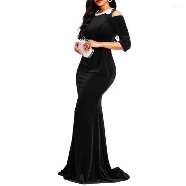 Lässige Kleiderpartykleid O-Neck Fischschwanz Saum Kaltes Schulter 3/4 Ärmelkleid Elegante Samt Meerjungfrau Lange weibliche Kleidung