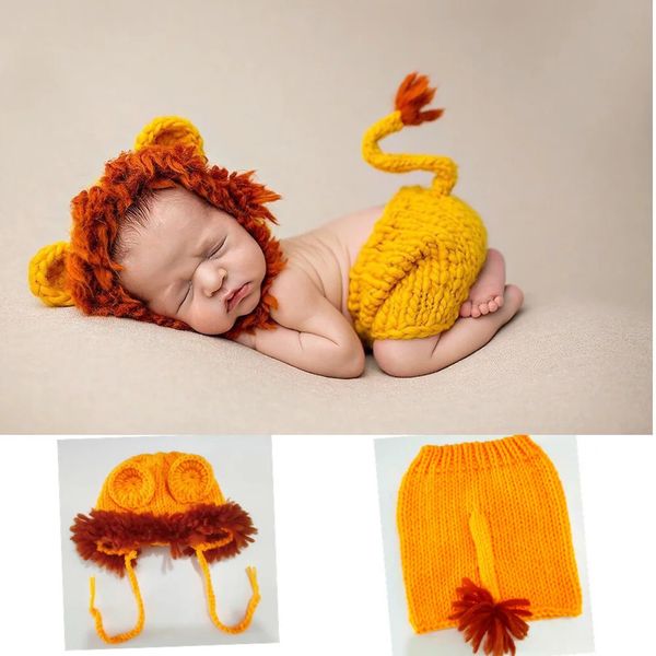 Traje de crochê artesanal Halloween Poshoot para Baby Boy Pographs Props Roupfits Born Babies Gifts 0-6m Lion Pants Conjunto 240418