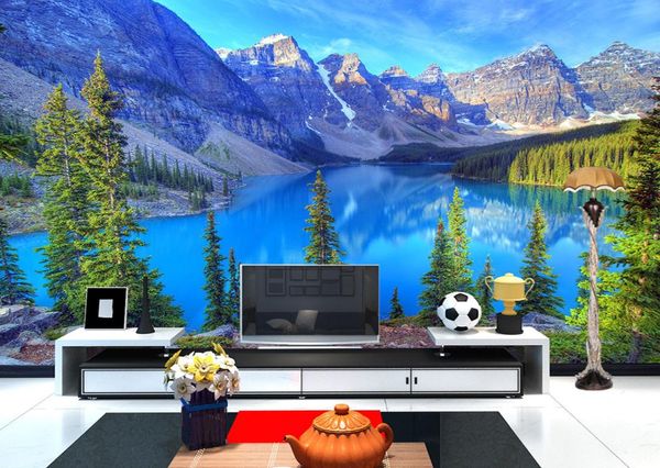 Пользовательские 3D PO обои фрески естественные пейзажи Снежная гора Лес Озеро Стена Роспись гостиная диван телевизионный фон 7981135