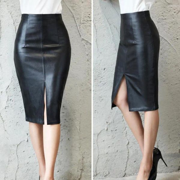 Юбки Женщины юбки с высокой талией Slim Fit Skinny Faux Leather Длина колена