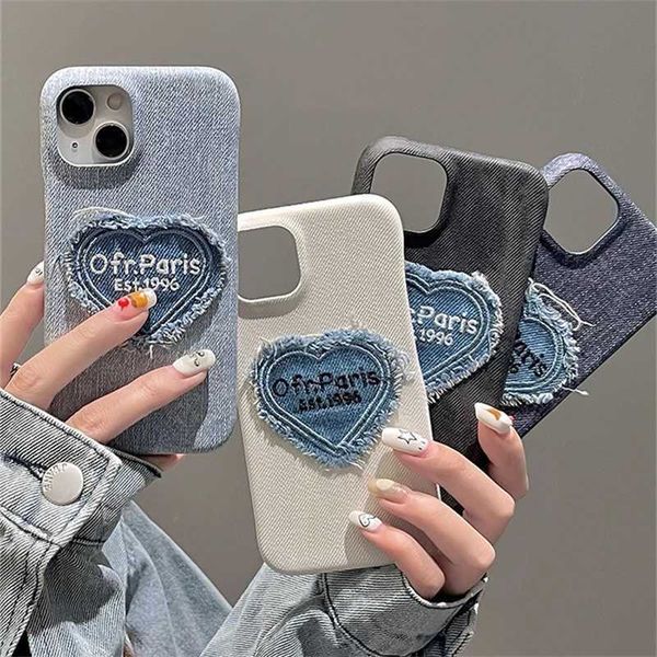 Mobiltelefonkisten Retro Letter Love Heart Denim Canvas Spleißen Y2K-Hülle für iPhone 15 14 13 12 Pro Max 11 halbmedelte Schutz Hartrücken Abdeckung J240418