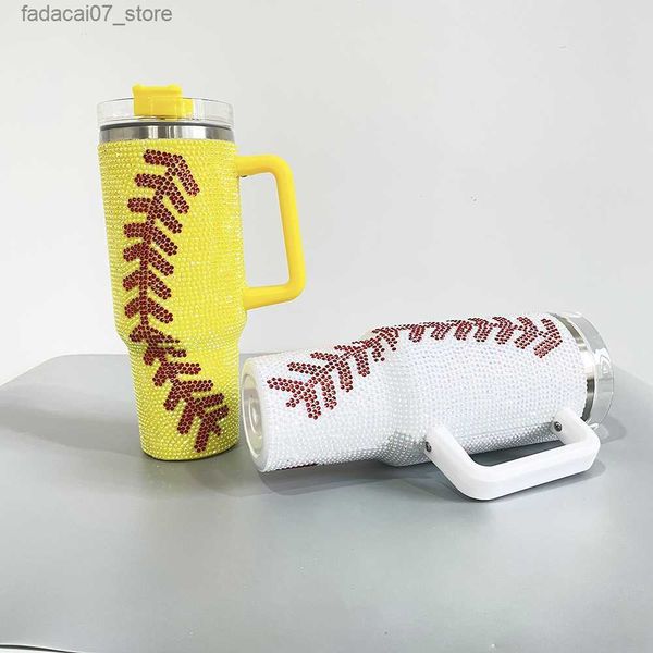 Кружки супер блестящие со стразами на 40 унций Baseball Print Mug Белый желтый кофейный кофе из нержавеющей стали.