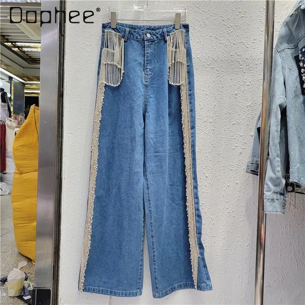 Kadınlar Kot pantolon için üst düzey ağır püskül rhinestone kadın moda 2024 bahar gevşek yüksek bel figürü düz bacak denim pantolon