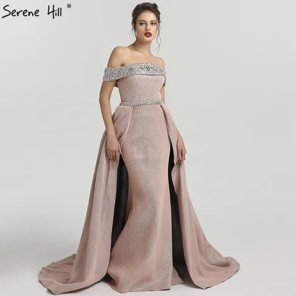 Partykleider 2024 Dubai Boot Hals Perlen Luxus rosa Bling sexy Abend Formale Kleider für Frauen elegant echtes po la6549