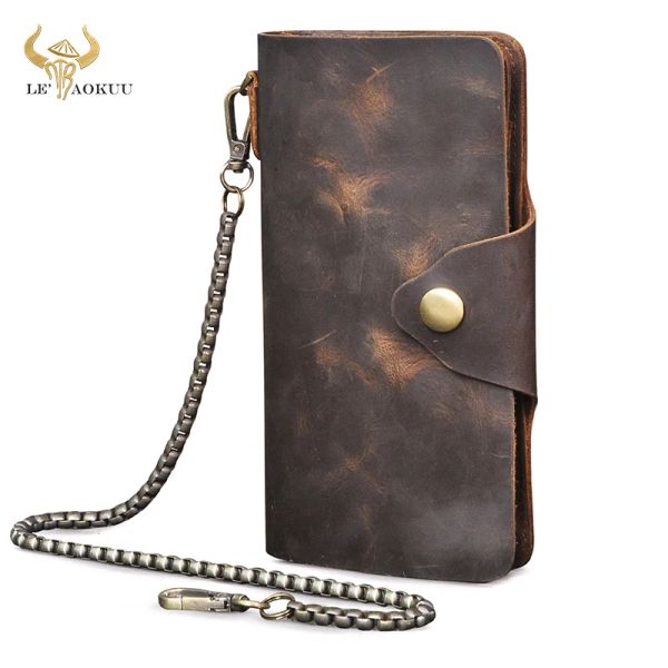 Brieftaschen Neue Vintage Male Crazy Horse Leder Designer Organizer Visitenkartenhalter Scheckbuch Langkette Einfache Herren Brieftasche Geldbörse 001