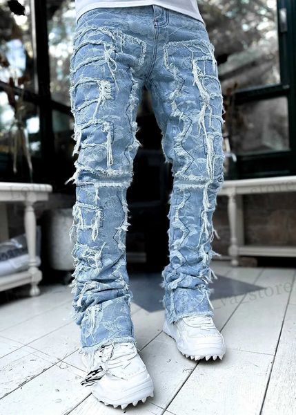 Erkek kot pantolon yığılmış kot pantolon elastik bel düz uydurma patchworks denim uzun pantolon saçak yırtık kot erkekler T240419