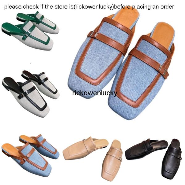 H Halbschuhe echte Leder -Designer -Schuhe Metall Buchstaben Plattform Schuhe Baotou Flat Heel Pantoffeln Sommer Womens Beach Schuhe Quadrat Zeh Non Slip Sandals Luxus