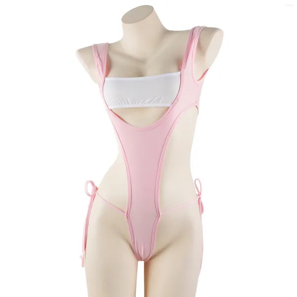 Kadın Mayo Kadın Anime Lolita Kızlar Cosplay Kostüm İpek Pembe Bandaj Bodysuits Seksi Bodycon Yüksek Bel Sırtsız Romper Mayo Hediyeleri