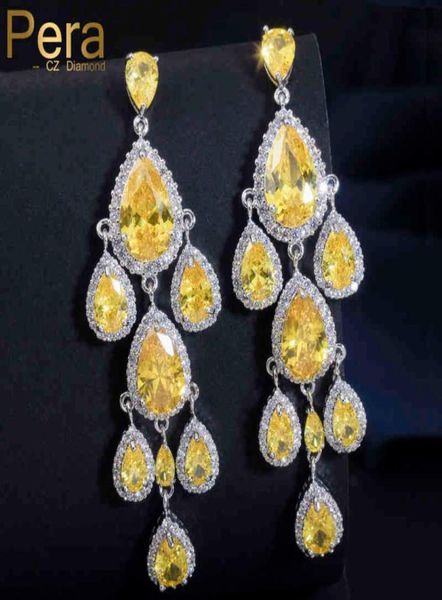 Pera Luxus Dangle Kronleuchter Form Ohrschmuckzubehör Big Yellow Water Drop Crystal Stone Pave Long Ohrring für Frauen E2588602203