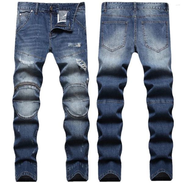 Jeans masculino moderno com zíper rasgado pés finos azul estilo outono/inverno