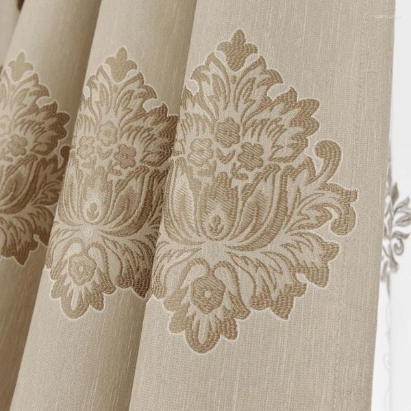 Cortinas de luxo europeias cortinas marrons claras para a sala de jantar viva Quarto Jacquard Blackout Flores bordadas Yulle Valance Custom