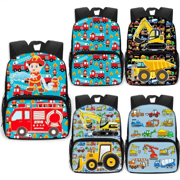 Rucksäcke Cartoon Fireman Excavator Firetruck Rucksack für Teenager Fashion Schoolbags Kindergarten Largecapacity Bookbags Geschenk