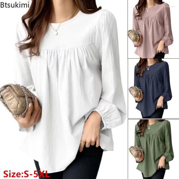 Frauenblusen 2024 Mode elegante solide Bluse für Frauen Langarm O-Neck Casual Office Dame Tops Einfach lose Plus-Size-Hemd Blusas