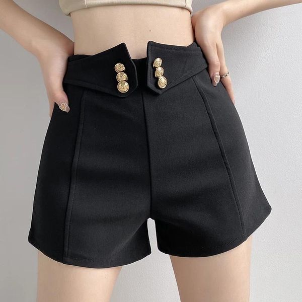 Shorts femininos qoerlin slim fit trech preto verão 2024 moda coreana na cintura larga perna larga casual garotas sexy de rua