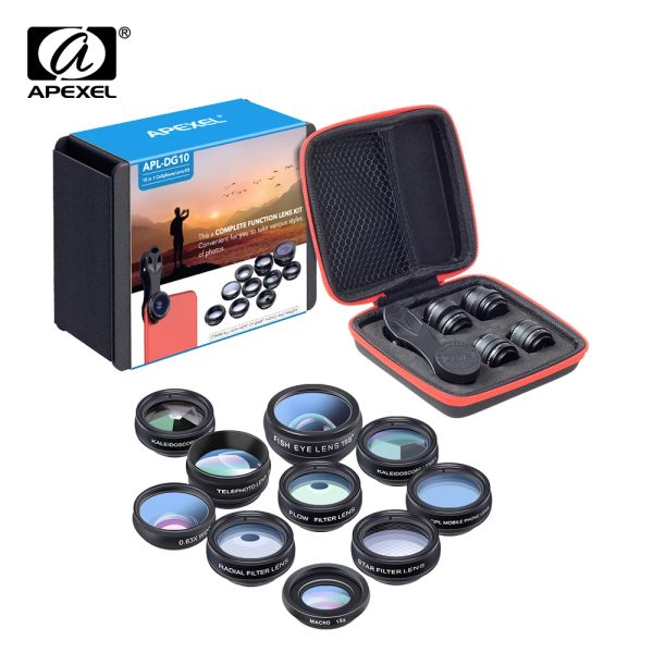 Telescópios kit de lente de telefone Apexel Universal 10 em 1 Fisheye Macro amplo -angular Lente CPL Filtro Caleidoscópio+2x Telescópio Lens para smartphone