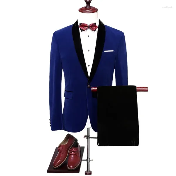 Ternos masculinos de alta qualidade de veludo azul de alta qualidade Men traje noivo Casamento para xale lapela blazer slim fit 2 peças baile de smoking homme
