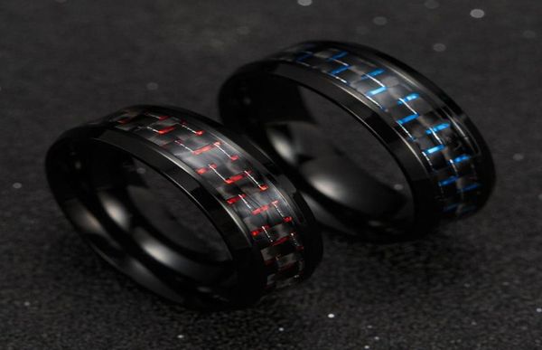Mens de fibra de carbono preto anéis frios de aço inoxidável man039s moda anel azul vermelho jóias masculino de ANEL1506547