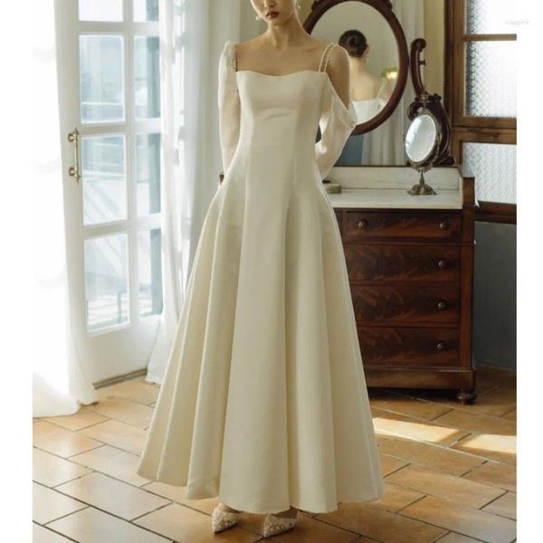 Parti Elbiseleri Klasik Beyaz Doğum Günü Balo Elbise Uzun Kollu Saten Resmi Akşam Kare Yaka Quinceanera Elbise Zarif Vestido