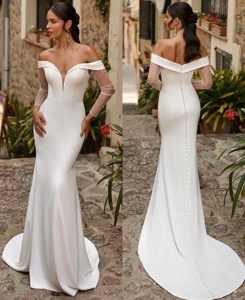 Elegant Long off Schulter -Krepp -Brautkleider Meerjungfrau Elfenbein plissierter Sweep -Zug Vestido de Novia bedeckte Knöpfe Rücken Brautkleider für Frauen