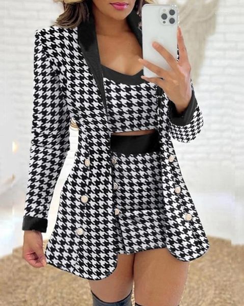 Arbeitskleider Mode 3 -teilige Set Frauen 2024 Hound TOTH DRUCK LANGELEVE SHALS HAGAR Eleganter Blazer -Mantelrock mit Crop Top