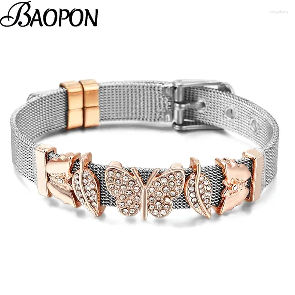 Link Armbänder Edelstahl Rose Schmetterling Formnetz Armband Mikropaven CZ Spacer Charm Watch Bangles Geschenk für Frauen