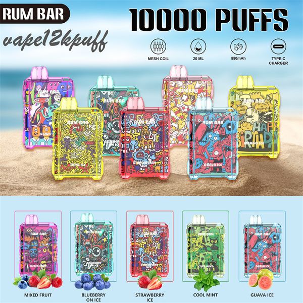 Neue Rum Bar 10000Puff verfügbar E-Zigarette Puff10K Mesh Spulen-Vaper-Netto-Rollen-Zigarette 20 ml Verdampfer E-Zigarette 0% 2% 5% Vaper 10 Aromen