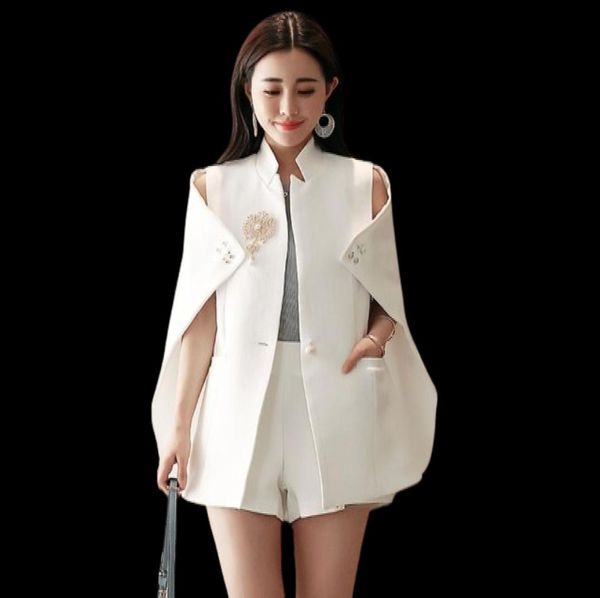 Spring Runway Designer Women Women Beadinged Diamond Cape Blazer sexy preto branco casacos ruched white blazer cape office wear9100682