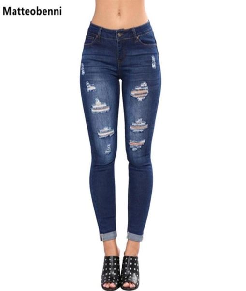 Bleach lavagem ralada Ripped lápis jeans skinny feminino azul cintura skinny longa calça longa 2018 botão de rocha jeans de jeans 320a7157943