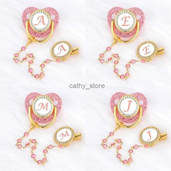 Eyaletçiler# Luxury Zircon Bebek Emzik Klipsi 26 Harf Pembe Yenidoğan Kişiselleştirilmiş Eyaletçiler Tutucu Silikon Bebek Teether Meme Bpa Freel2403