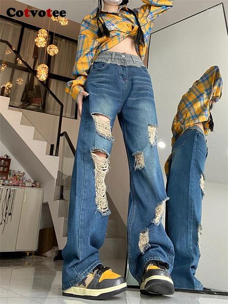 Jeans femminile cotvotee vintage strappato per donne 2024 moda chic chic casual casual in alto gamba larga streetwear dritto