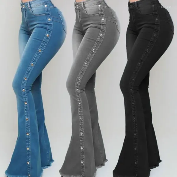 Jeans femininos de cintura alta flage flage mulheres largura perna de perna levantada casual calça coreana de sino de sino