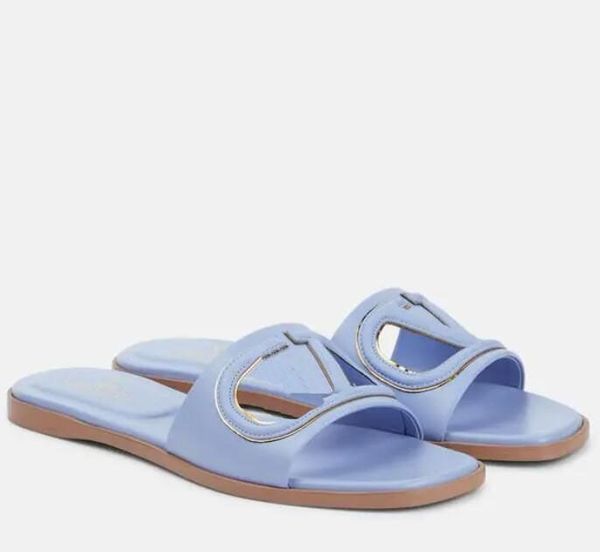 Damensandalen Flats Vlogo Ausschnitt Pantoffeln Rutschen Signature Outdoor Beach Slide auf Rutschen lässige Flips Flops Weißblau Slipper Luxus Designer Lady Flip-Flop Ausschnitt