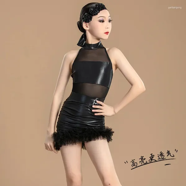 Bühnenbekleidung 2024 Latin Dance Performance Kleid für Mädchen schwarze sexy Rückenless Split Röcke Anzug Chacha Rumba Kleidung DN17723