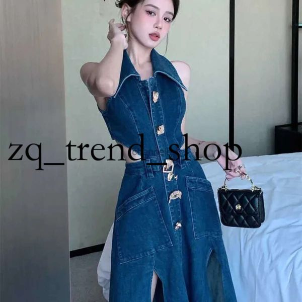 Sıradan Elbiseler Retro Denim Elbise Kadınlar 2023 Yaz Yeni Gömlek Yakalı Hollow Split Bel Uzun Frock Sleeless Tek Parça Seksi Denim Elbise Trendi 8 73