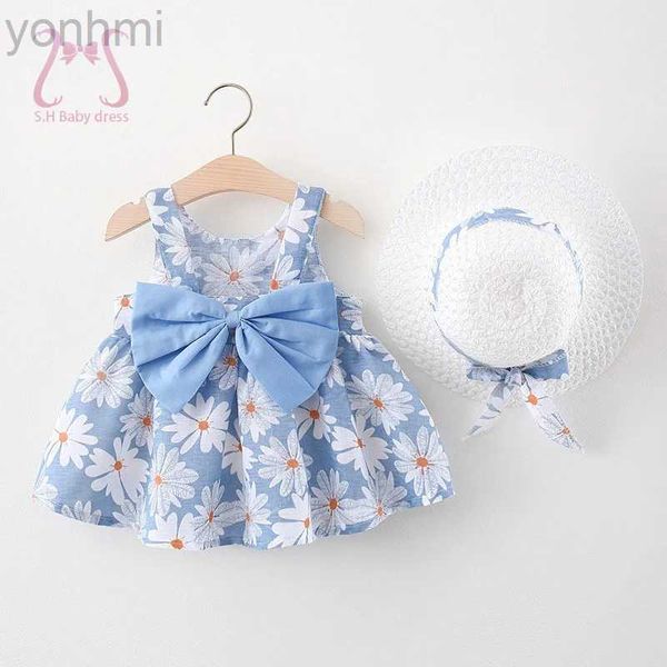 Vestidos de menina 2pcs/vestido margarido para meninas verão doce arco vestidos de praia de bebê recém -nascidos roupas de 0 a 3 anos de idade + chapéu d240419