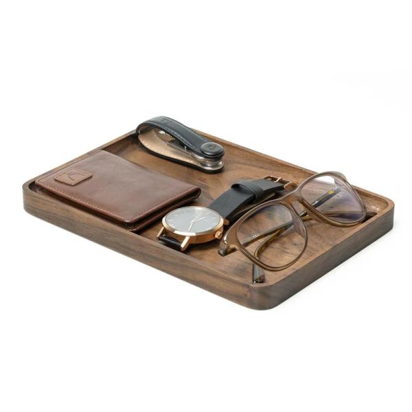 Brieftaschen Dropshipping Tablett echtes Holz Walnusslager für iPhone Power Bank Ladegerät Telefon Smart Watch Wallet Holzschale Holzschale