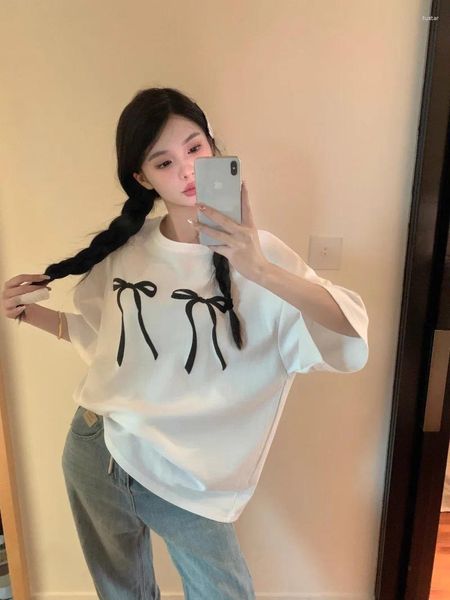 Damen T-Shirts Koreanisch süßes Mädchen Chic Bow gedruckt o-hals kurzarmiertes T-Shirt Sommer loser lässtes weißes Top Mode weibliche Kleidung