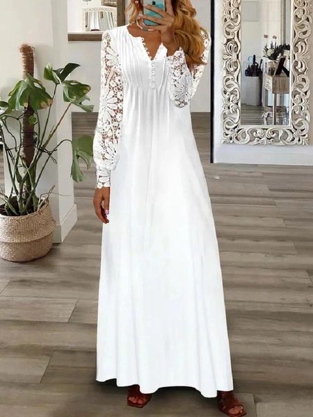 Abiti casual moda in pizzo a maniche lunghe maxi abiti bianchi donne primaverile stampato floreale con scollo a v-collo elegante elegante per