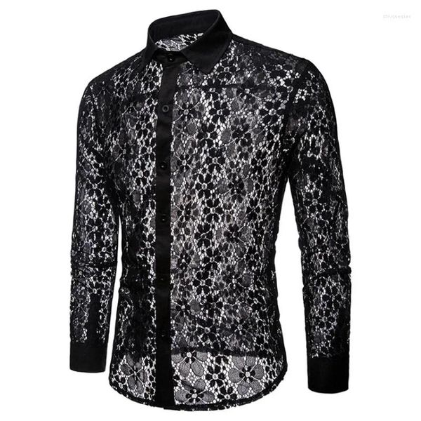 Camicie casual maschile da uomo camicia in pizzo sexy manica corta vedi attraverso la festa della festa del ballo di matrimonio vestiti per eventi