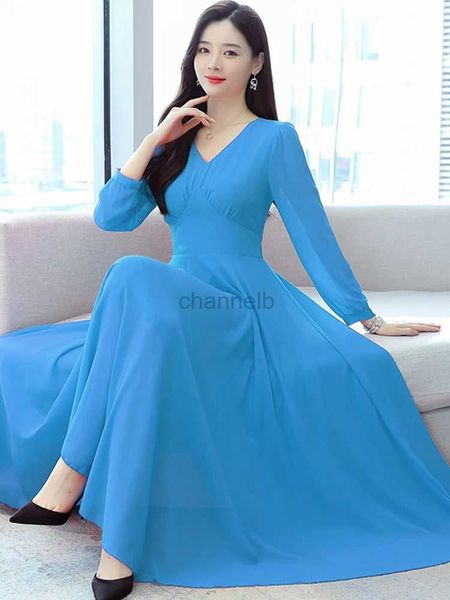 Basic lässige Kleider Frauen Chiffon Blue Boho Beach gelbe Midi Kleider für Party Langarm Elegante koreanische Mode Abendkleid Frühling Herbst 2023 240419