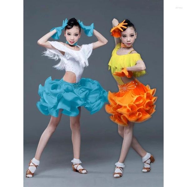 Stage Wear Children's Latin Dance Costume competitio Fluffy Skirt Girl's Twassel Chacha Samba Flower Performance Dress