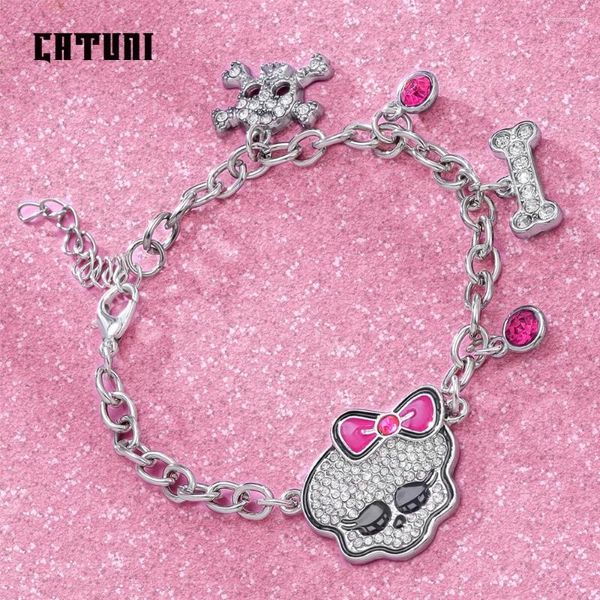 Link Armbänder Catuni Pink Crystal Skull Bogen Armband Punk Style Schmuckzubehör Geschenk für Frauen Mädchen