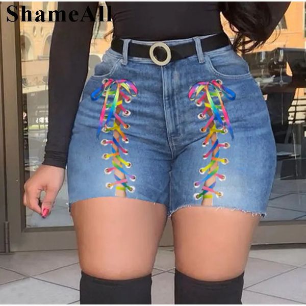 Plus Size Sexy White Blue Hollow -out Denim Shorts 4xl Sommer Frauen hohe Taille Ripped Quasten Short Jeans Schnürbandbandhosen 240409