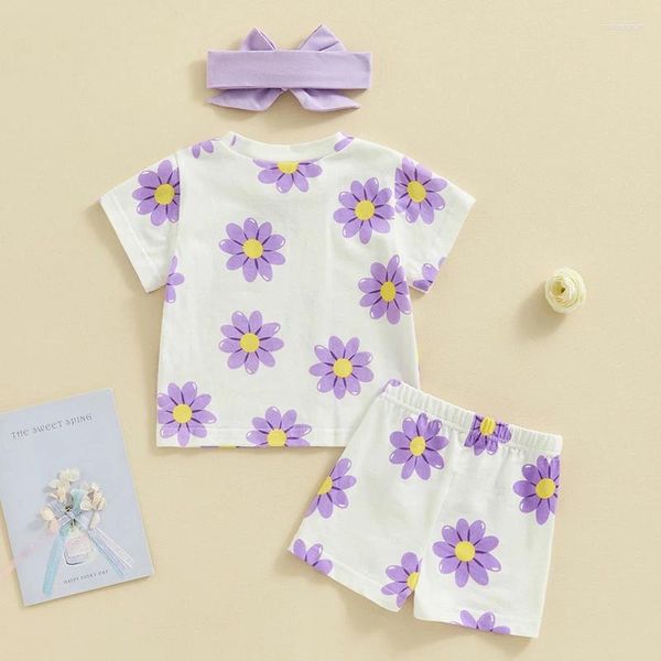 Roupas conjuntos de roupas de menina de meninas de meninas definir estampa de flor curta Camiseta cintura elástica com banda de cabelo Roupa de verão fofa