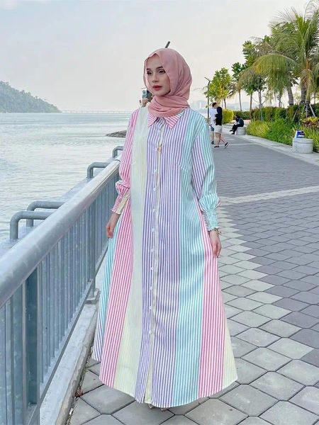 Roupas étnicas Eid Stripe Kimono Abaya Dubai Luxo 2024 Turquia Modestas Modestas Vestido kebaya Islã Para mulheres Robe femme Musulmane