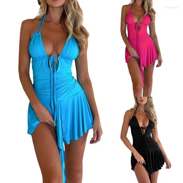 Vestidos casuais Mulheres Halter A-line Dress Party Evening Summer Roupos Roupas sem mangas gravata frontal de cor sólida Mini sexy mini sexy mini